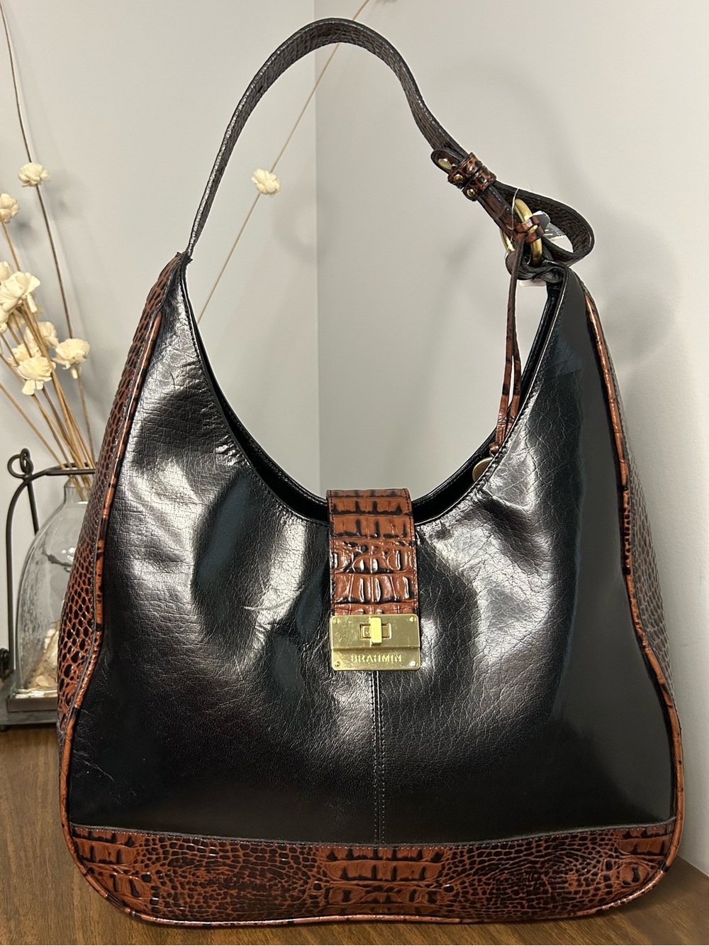 Brahmin Maggie Black Tuscan Croc Embossed Leather Hobo Shoulder Bag